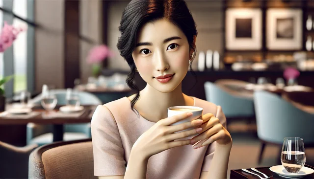 ホテルのカフェでお茶を飲みながら待ち合わせ