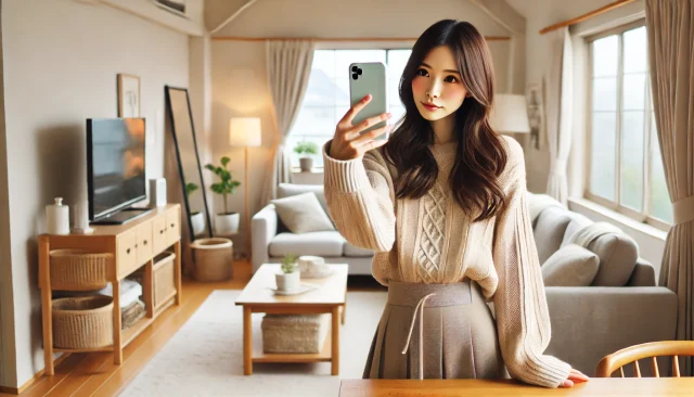 パパ活用のプロフィールの顔写真を自撮りする女性
