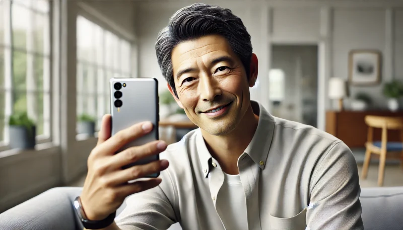 パパ活アプリのプロフィール用の写真を自撮りする男性